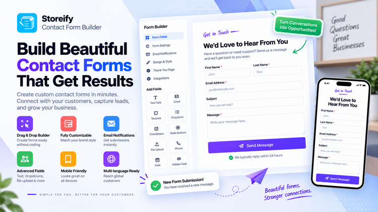 Storeify Contact Form Builder editor and form preview