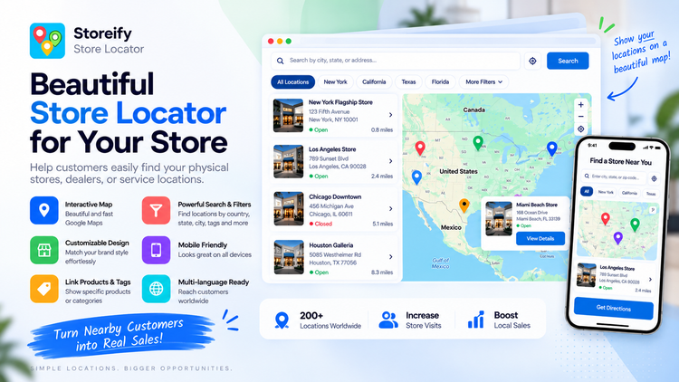 Storeify Store Locator showing a map of store locations
