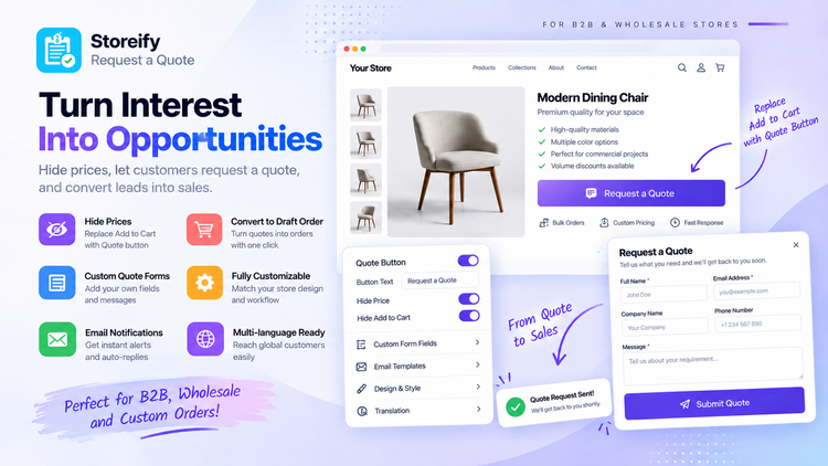 Storeify Request a Quote button and quote form on a product page